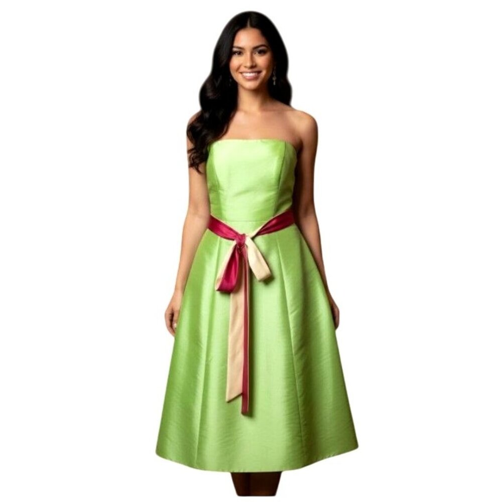 Jordan Strapless Apple Green Satin Midi Dress 8 Bridesmaid Fit Flare Prom Hoco
